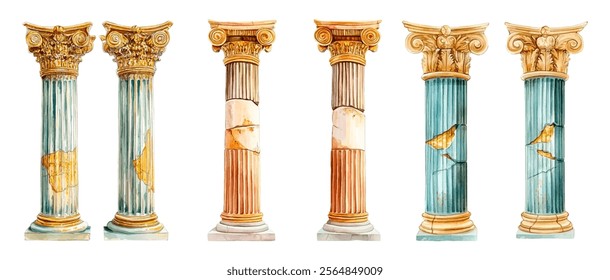 Ancient ruins watercolor png. Ancient antique architecture, building columns with elements of gold. Watercolor ancient greek and ancient roman architecture elements watercolor