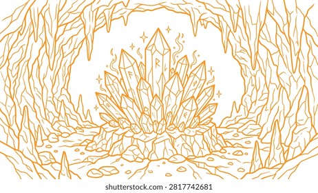 Ancient rune crystal cluster inside rocky cave cavern formation