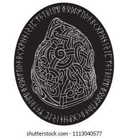 Ancient runestone with engraved Scandinavian pattern, isolated on white, vector illustration