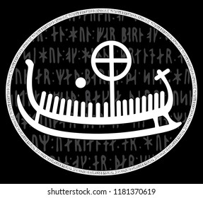 Ancient runestone with engraved Scandinavian pattern, isolated on black, vector illustration