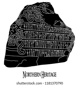 Ancient runestone with engraved Scandinavian pattern, isolated on white, vector illustration