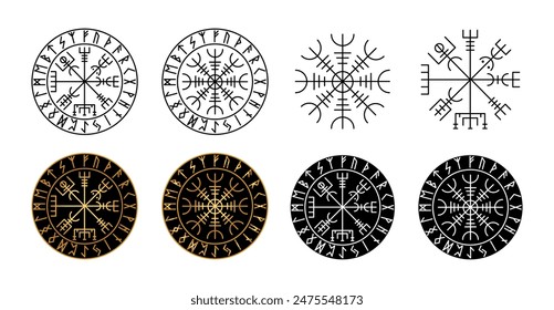 Ancient runic symbols. Viking Compass or Compass Vegvisir and  Helm of Awe or Helm of Terror in different design variation.