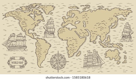 Ancient rustic world map with engraved nautical vintage elements - sailing ships and anchors, vector illustration. Marine background for traveling and tourism design.