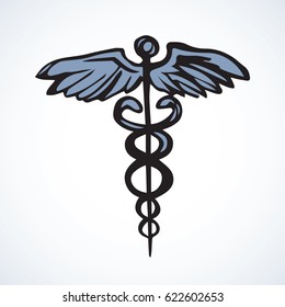 Ancient rx hermes rod on white background. Web outline logo concept. Freehand linear black ink hand drawn picture emblem sketchy in art retro scribble contour style. View closeup with space for text