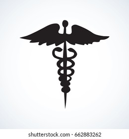 Ancient rx hermes rod on white background. Web outline logo concept. Freehand linear black ink hand drawn picture emblem in art retro engraving contour style. View closeup with space for text