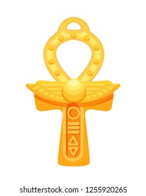 Ancient sacred Egyptian gold cross with Ankh ring, decorative ancient coulomb artifact. Egyptian hieroglyph, religious symbol of eternal life, immortality. Vector illustration isolated.