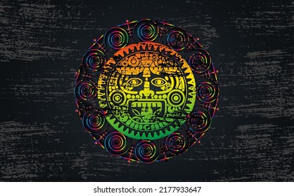 Ancient Sacred Mayan sun god, Aztec wheel calendar, Maya symbols ethnic mask. Psychedelic round frame border old logo icon. Grunge Mandala vector illustration isolated on black background 