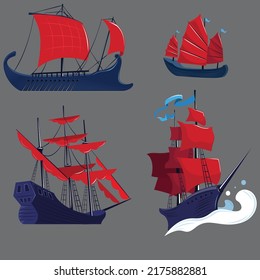 Ancient sail boat icon colored 3d sketch