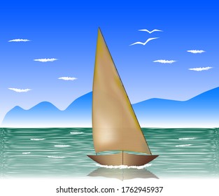 An ancient sailing fishing boat used in southeast Asia by poor fishermen and pearl fishers against the backdrop of the sea and mountainous coast. Vector illustration.