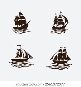 Ancient Sailing Ship Boat Yacht on Waves Silhouette icon set