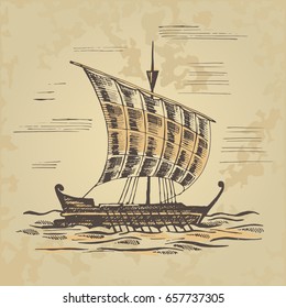 Ancient sailing ship at the oars. The stylized background under an ancient paper. The stylized background under an ancient paper.