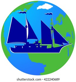 Ancient sailing ship on the background of the Earth. The illustration on a white background.