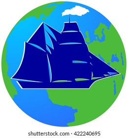 Ancient sailing ship on the background of the Earth. The illustration on a white background.