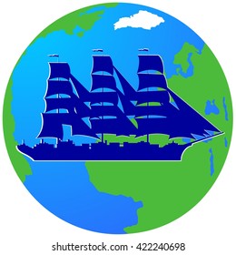 Ancient sailing ship on the background of the Earth. The illustration on a white background.
