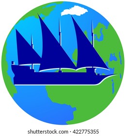 Ancient sailing ship on the background of the Earth. The illustration on a white background.