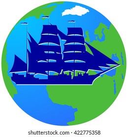 Ancient sailing ship on the background of the Earth. The illustration on a white background.