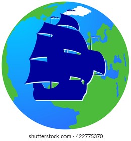 Ancient sailing ship on the background of the Earth. The illustration on a white background.