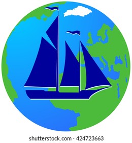 Ancient sailing ship on the background of the Earth. The illustration on a white background.