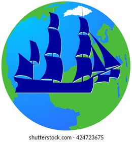 Ancient sailing ship on the background of the Earth. The illustration on a white background. svg
