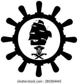 Ancient sailing ship, skull and bones on a background ship wheel. The illustration on a white background.
