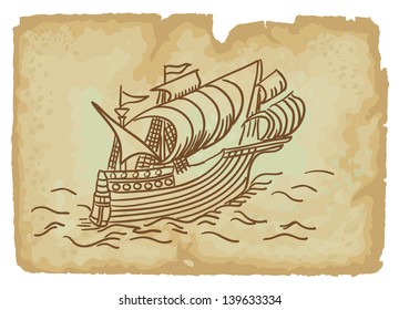 Ancient Sailing Ship. Vector illustration.