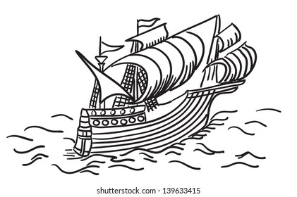 Ancient Sailing Ship. Vector illustration.