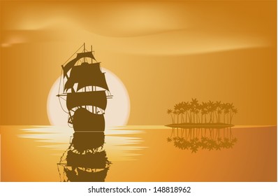 Ancient sailing vessel, island and the sun on a yellow background 