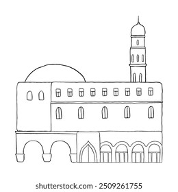 Antigua Arabia Saudita o Abu Dhabi edificio con torre, arcos y cúpula en Ilustración vectorial plana simple. Casa árabe de línea blanca y negra en países islámicos bosquejo para diseños turísticos y de viajes