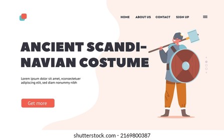 Ancient Scandinavian Costume Landing Page Template. Kid in Viking Suit, Warrior Boy Character Wear Horned Helmet Hold Wooden Shield and Hammer. Personage of Nordic Legends. Cartoon Vector Illustration