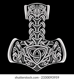 Ancient Scandinavian design. Thor's Hammer, Mjolnir, with wolf heads, lightning and a Celtic-Scandinavian pattern, isolated on black, vector illustration