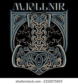 Ancient Scandinavian design. Thor's Hammer, Mjolnir, with wolf heads, lightning and a Celtic-Scandinavian pattern, isolated on black, vector illustration