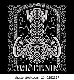 Ancient Scandinavian design. Thor's Hammer, Mjolnir, with wolf heads, lightning and a Celtic-Scandinavian pattern, isolated on black, vector illustration svg
