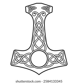 Ancient Scandinavian design. Thors hammer of the thunder god Mjolnir, isolated on white, vector illustration