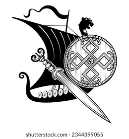 Ancient Scandinavian design. Viking ship Drakkar, sword, shield and Old Norse pattern, isolated on white, vector illustration