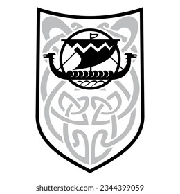 Ancient Scandinavian design. Viking ship Drakkar, shield and Old Norse pattern, isolated on white, vector illustration