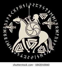 Ancient Scandinavian God Odin, God Odin on horse Sleipnir and Norse runes. Illustration of Norse mythology, isolated on black, vector illustration