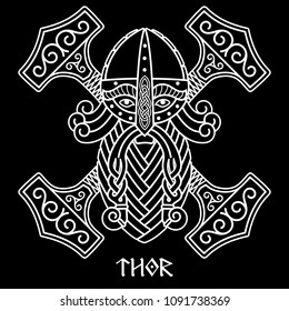 The ancient Scandinavian God Thor and the Hammer Mjolnir, isolated on black, vector illustration