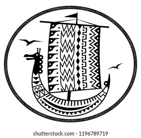 Ancient Scandinavian image of a Viking ship decorated with an ancient pattern with a dragon head, Old Norse runes and the inscription Thule the legendary island, isolated on white, vector illustration