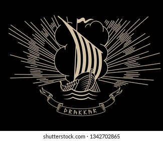 An ancient Scandinavian image of a Viking ship Drakkar, isolated on black, vector illustration