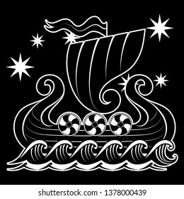 An ancient Scandinavian image of a Viking ship Drakkar, isolated on black, vector illustration