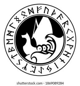 An ancient Scandinavian image of a Viking ship decorated Norse runes. Drakkar logo, isolated on white, vector illustration