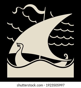 An ancient Scandinavian image of a Viking ship decorated with a dragon head. Drakkar logo, isolated on black, vector illustration