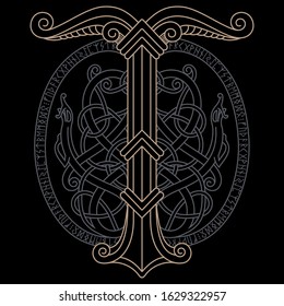 Ancient Scandinavian knot-work illustration and Sacred tree Irminsul, isolated on black, vector illustration