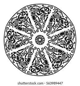 Ancient Scandinavian ornament, shield Viking, isolated on white, vector illustration