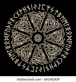 Ancient Scandinavian ornament, shield Viking and Scandinavian runes, isolated on black, vector illustration