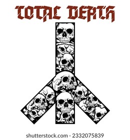 Ancient Scandinavian Rune Algiz with human skulls drawn in vintage style, isolated on white, vector illustration