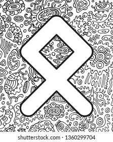 Ancient scandinavic rune othala with doodle ornament background. Coloring page for adults. Psychedelic fantastic mystical artwork. Vector illustration.