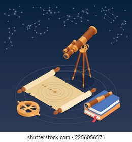 Ancient science composition with astronomy symbols isometric vector illustration