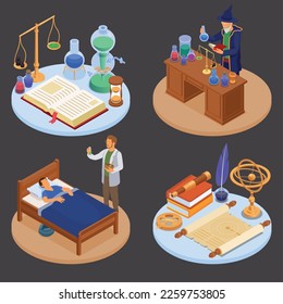 Ancient science concept set with alchemy and astronomy symbols isometric isolated vector illustration