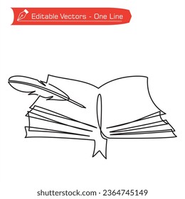 Ancient science icon. One continuous line of vintage style notebook and quill pen. Vector illustration of open ancient book and quill pen. The pen lies on the paper on the left.